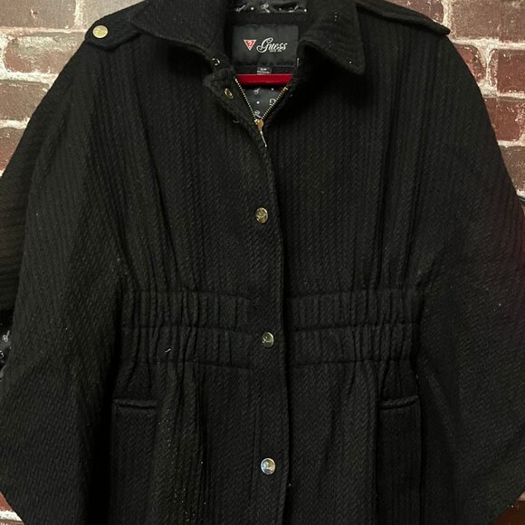 GUESS Black Wool Blend Textured Cape Coat - Size Small - Picture 11 of 12